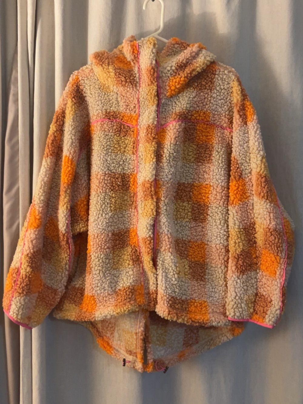 Impressions Hooded Sherpa Jacket in Cream, Orange & Pink Plaid